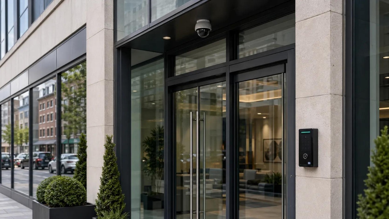 CCTV surveillance camera mounted above a commercial entrance