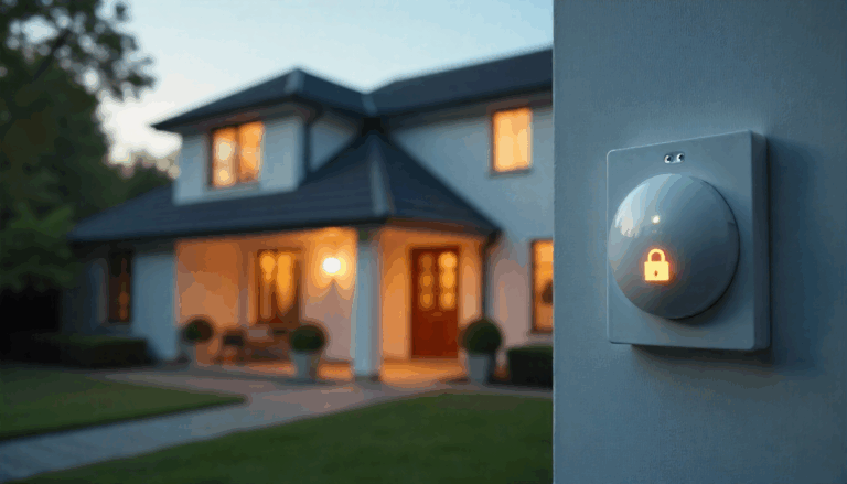 Create a clean and modern thumbnail image for a blog post about home alarm systems in Somerset West. The image should feature a stylish suburban house with a visible security alarm panel or alarm system icon. Include subtle elements like a shield or padlock symbol to convey safety and protection. Use a warm, inviting color palette with blues and greens to evoke trust and security. Add subtle text overlay space on the image for the blog title without overcrowding the design.
